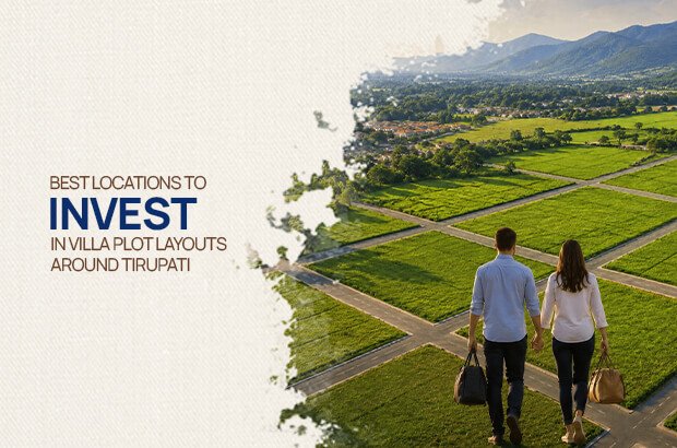 A couple carrying travel bags walking hand in hand along the roads of a green villa plot layout, with hills in the distance around Tirupati