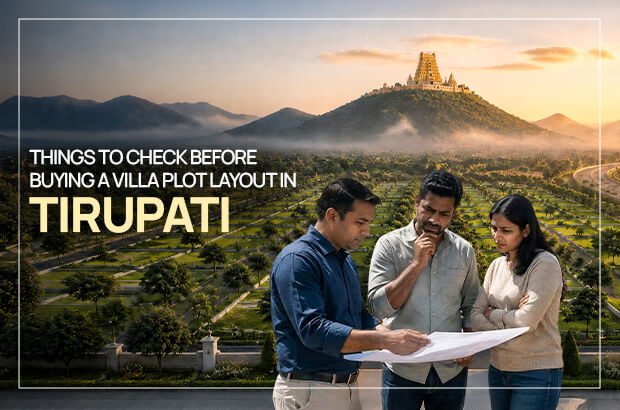 Three people reviewing a layout plan in front of a landscaped villa plot community near Tirupati, with a hilltop temple at sunrise