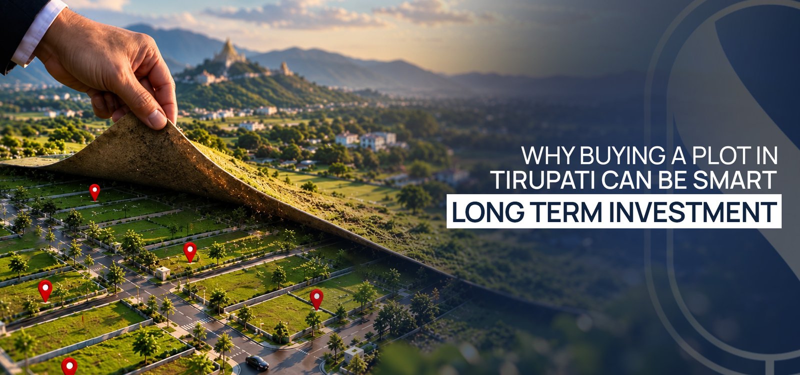 A hand peeling back the ground to reveal a planned plot layout with tree-lined roads and marked plots, with a hilltop temple near Tirupati in the distance